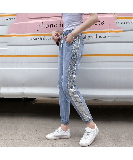 Fashion Korean Version Hole Sequins Harlan Women's Jeans Thin 2022 Summer New Female High Waist Loose Bind Feet Ninth Pants $...