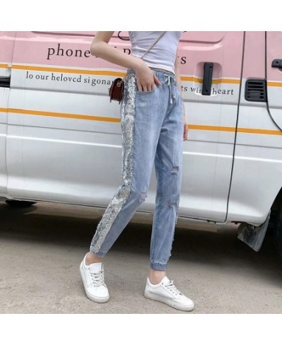 Fashion Korean Version Hole Sequins Harlan Women's Jeans Thin 2022 Summer New Female High Waist Loose Bind Feet Ninth Pants $...