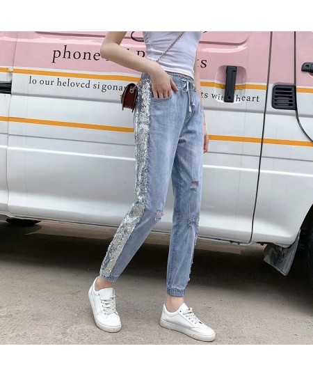 Fashion Korean Version Hole Sequins Harlan Women's Jeans Thin 2022 Summer New Female High Waist Loose Bind Feet Ninth Pants $...