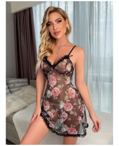 Floral Dress Transparent Nylon Lace Sexy Nightdress Sheer See Though Night Wears For Women Fancy Sissy Romantic Nightie $26.2...