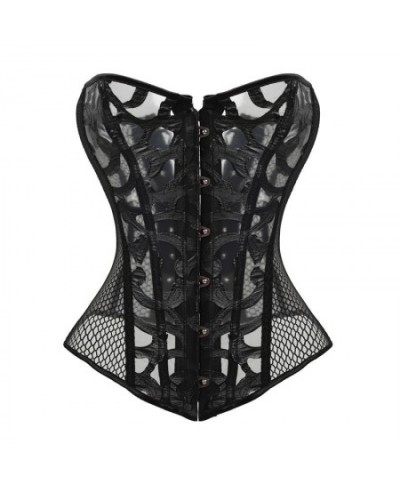 Faux Leather Mesh Corset Plus Size Gothic Corset & Bustier Elastic Net Hollow Out Flowers Design Buckles Closure corselet 812...