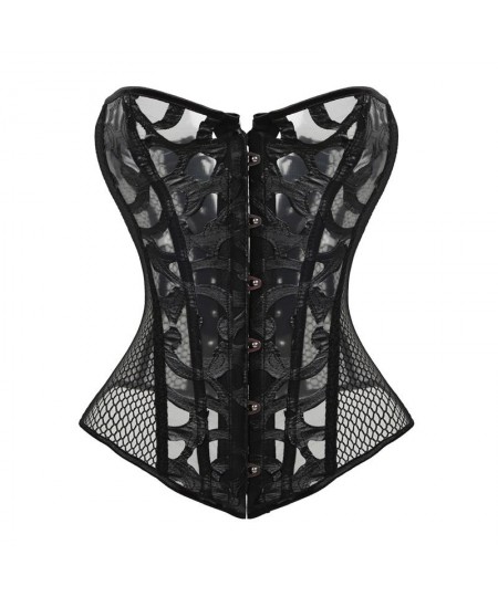 Faux Leather Mesh Corset Plus Size Gothic Corset & Bustier Elastic Net Hollow Out Flowers Design Buckles Closure corselet 812...