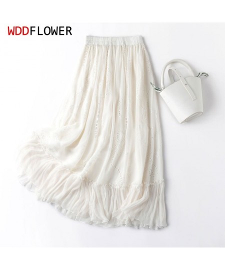 Women Silk Skirt 100% Mulberry Silk White Embroidery Romantic Office Lady Skirts with Lining Summer Beach Big Hem MM771 $82.2...