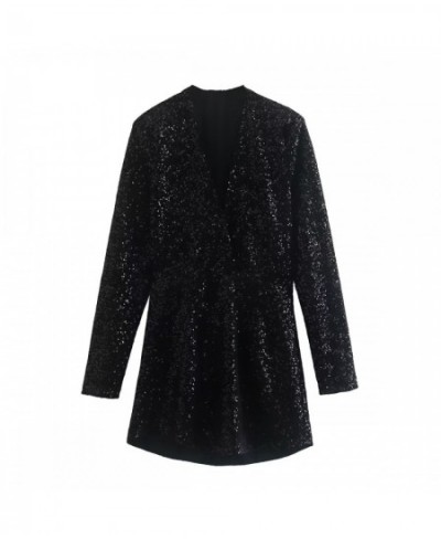 Women Vintage V Neck Sequined Black Mini Dress Office Lady Chic Long Sleeve Side Zipper Casual Slim Party Vestidos DS2991 $40...