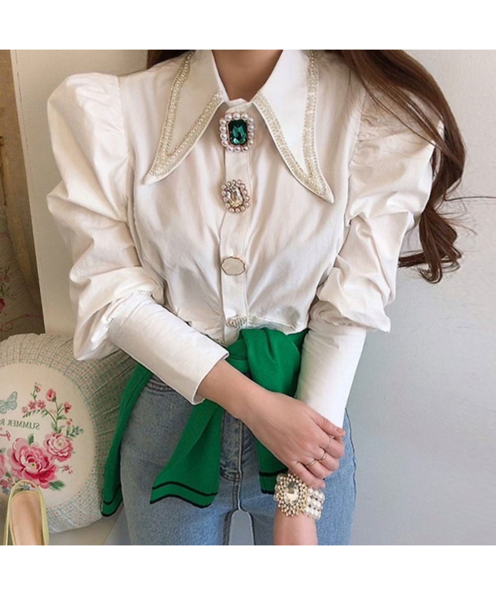 Women Shirts French Vintage Blouse Spring Button Up Shirt Pointed Collar Long Puff Sleeve Pearl Button Slim White Tops $52.09...