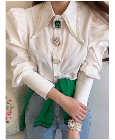 Women Shirts French Vintage Blouse Spring Button Up Shirt Pointed Collar Long Puff Sleeve Pearl Button Slim White Tops $52.09...