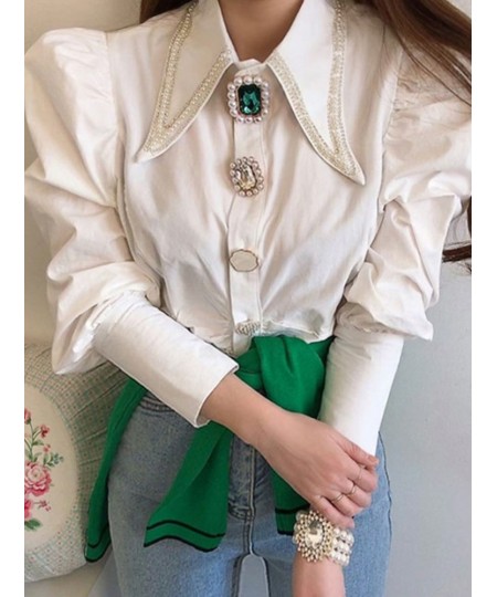 Women Shirts French Vintage Blouse Spring Button Up Shirt Pointed Collar Long Puff Sleeve Pearl Button Slim White Tops $52.09...