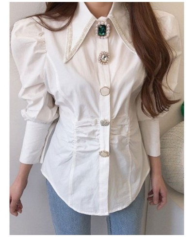 Women Shirts French Vintage Blouse Spring Button Up Shirt Pointed Collar Long Puff Sleeve Pearl Button Slim White Tops $52.09...