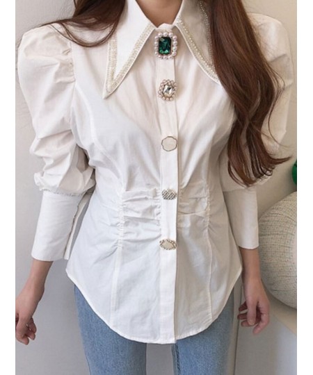 Women Shirts French Vintage Blouse Spring Button Up Shirt Pointed Collar Long Puff Sleeve Pearl Button Slim White Tops $52.09...