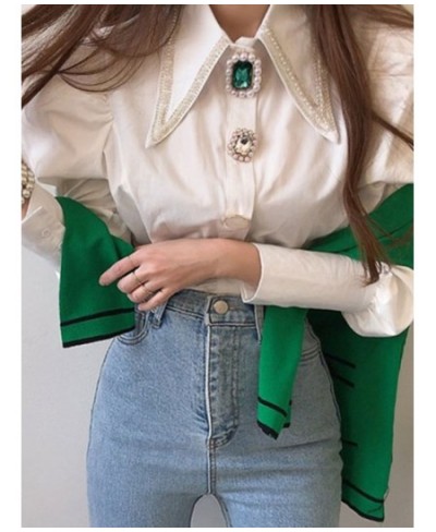 Women Shirts French Vintage Blouse Spring Button Up Shirt Pointed Collar Long Puff Sleeve Pearl Button Slim White Tops $52.09...