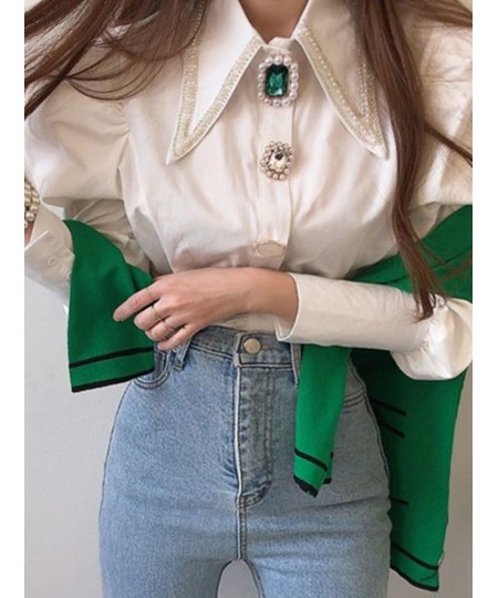 Women Shirts French Vintage Blouse Spring Button Up Shirt Pointed Collar Long Puff Sleeve Pearl Button Slim White Tops $52.09...