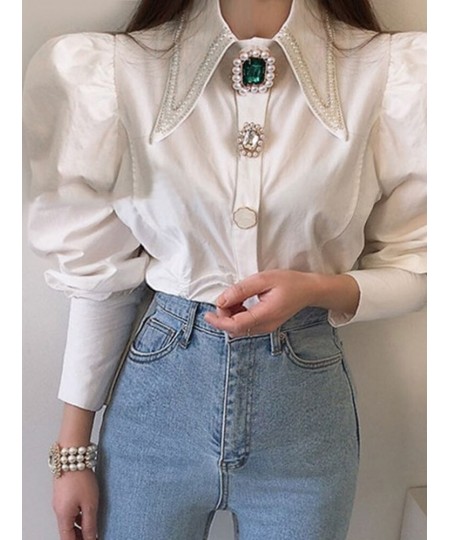 Women Shirts French Vintage Blouse Spring Button Up Shirt Pointed Collar Long Puff Sleeve Pearl Button Slim White Tops $52.09...