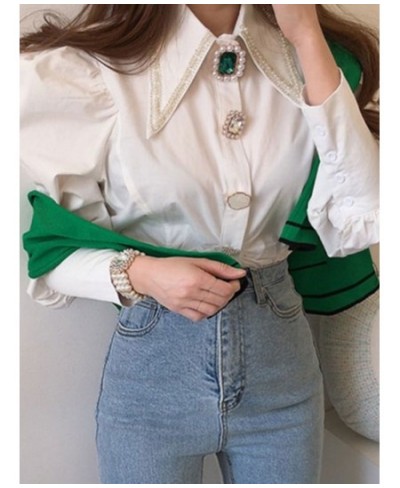 Women Shirts French Vintage Blouse Spring Button Up Shirt Pointed Collar Long Puff Sleeve Pearl Button Slim White Tops $52.09...