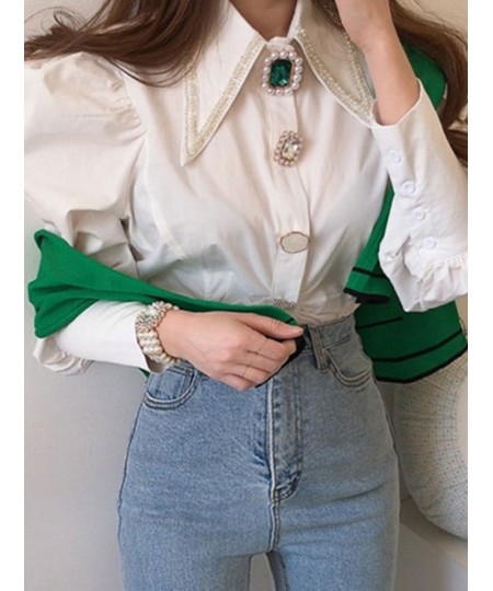 Women Shirts French Vintage Blouse Spring Button Up Shirt Pointed Collar Long Puff Sleeve Pearl Button Slim White Tops $52.09...