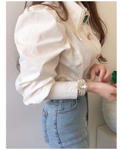 Women Shirts French Vintage Blouse Spring Button Up Shirt Pointed Collar Long Puff Sleeve Pearl Button Slim White Tops $52.09...