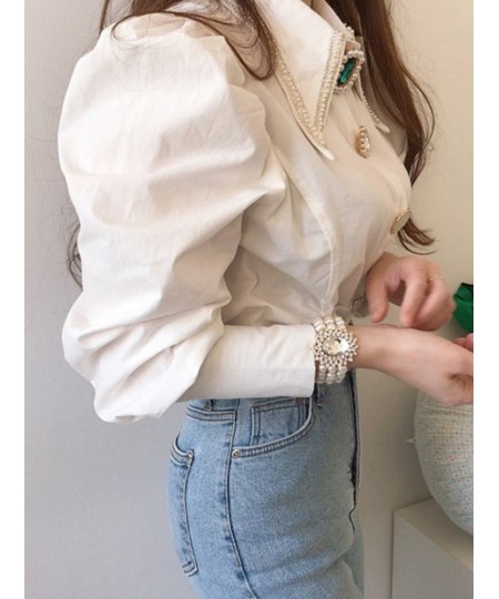 Women Shirts French Vintage Blouse Spring Button Up Shirt Pointed Collar Long Puff Sleeve Pearl Button Slim White Tops $52.09...