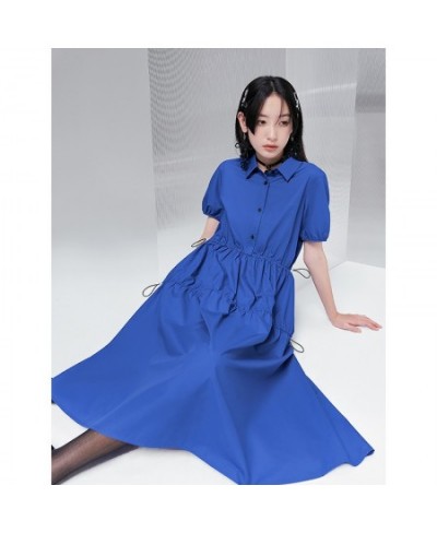 Women Dress 2022 Summer Short Sleeve Polo Neck Loose A Line Klein Blue Collect Waist Pleated Casual Basic Chic Dresses $69.63...