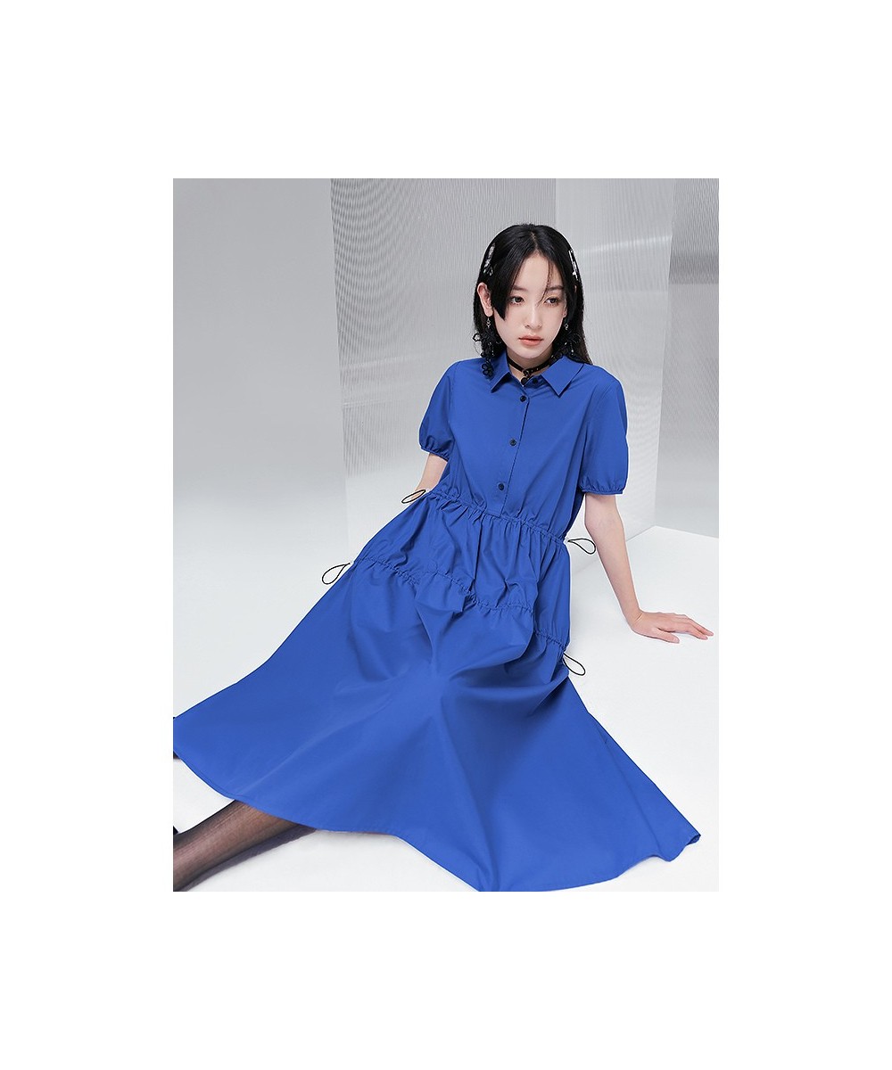 Women Dress 2022 Summer Short Sleeve Polo Neck Loose A Line Klein Blue Collect Waist Pleated Casual Basic Chic Dresses $69.63...