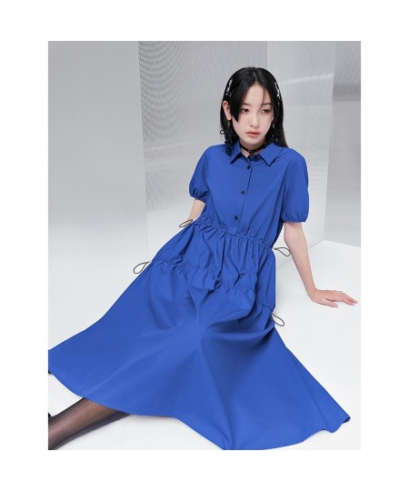 Women Dress 2022 Summer Short Sleeve Polo Neck Loose A Line Klein Blue Collect Waist Pleated Casual Basic Chic Dresses $69.63...