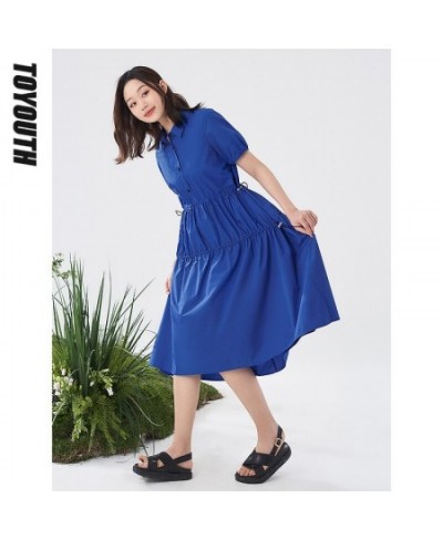 Women Dress 2022 Summer Short Sleeve Polo Neck Loose A Line Klein Blue Collect Waist Pleated Casual Basic Chic Dresses $69.63...