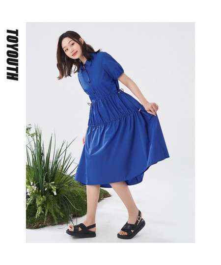 Women Dress 2022 Summer Short Sleeve Polo Neck Loose A Line Klein Blue Collect Waist Pleated Casual Basic Chic Dresses $69.63...