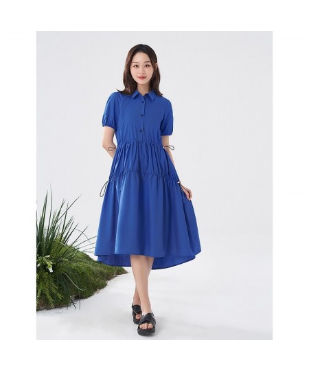 Women Dress 2022 Summer Short Sleeve Polo Neck Loose A Line Klein Blue Collect Waist Pleated Casual Basic Chic Dresses $69.63...