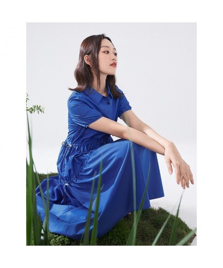 Women Dress 2022 Summer Short Sleeve Polo Neck Loose A Line Klein Blue Collect Waist Pleated Casual Basic Chic Dresses $69.63...