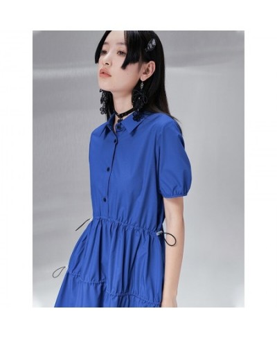 Women Dress 2022 Summer Short Sleeve Polo Neck Loose A Line Klein Blue Collect Waist Pleated Casual Basic Chic Dresses $69.63...