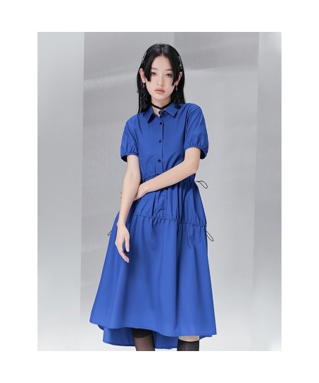 Women Dress 2022 Summer Short Sleeve Polo Neck Loose A Line Klein Blue Collect Waist Pleated Casual Basic Chic Dresses $69.63...