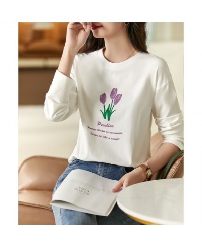 O Neck White T shirts for Women 2023 Spring Fashion Long Drop Sleeve Cotton T-shirt Sweet Printed Casual Loose Basics Tees $5...