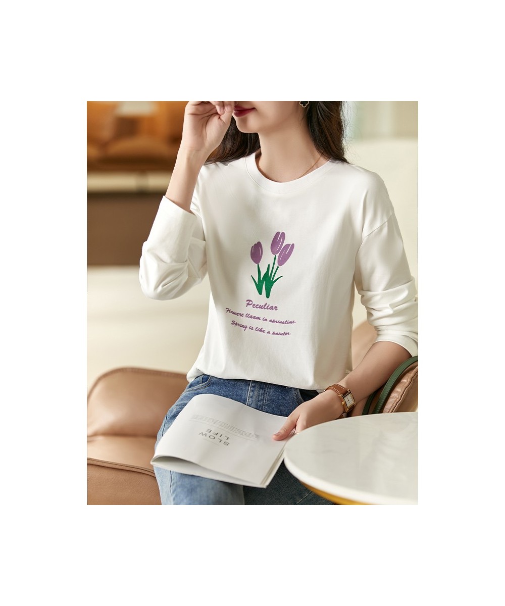 O Neck White T shirts for Women 2023 Spring Fashion Long Drop Sleeve Cotton T-shirt Sweet Printed Casual Loose Basics Tees $5...