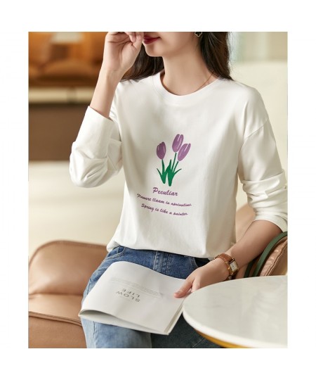 O Neck White T shirts for Women 2023 Spring Fashion Long Drop Sleeve Cotton T-shirt Sweet Printed Casual Loose Basics Tees $5...