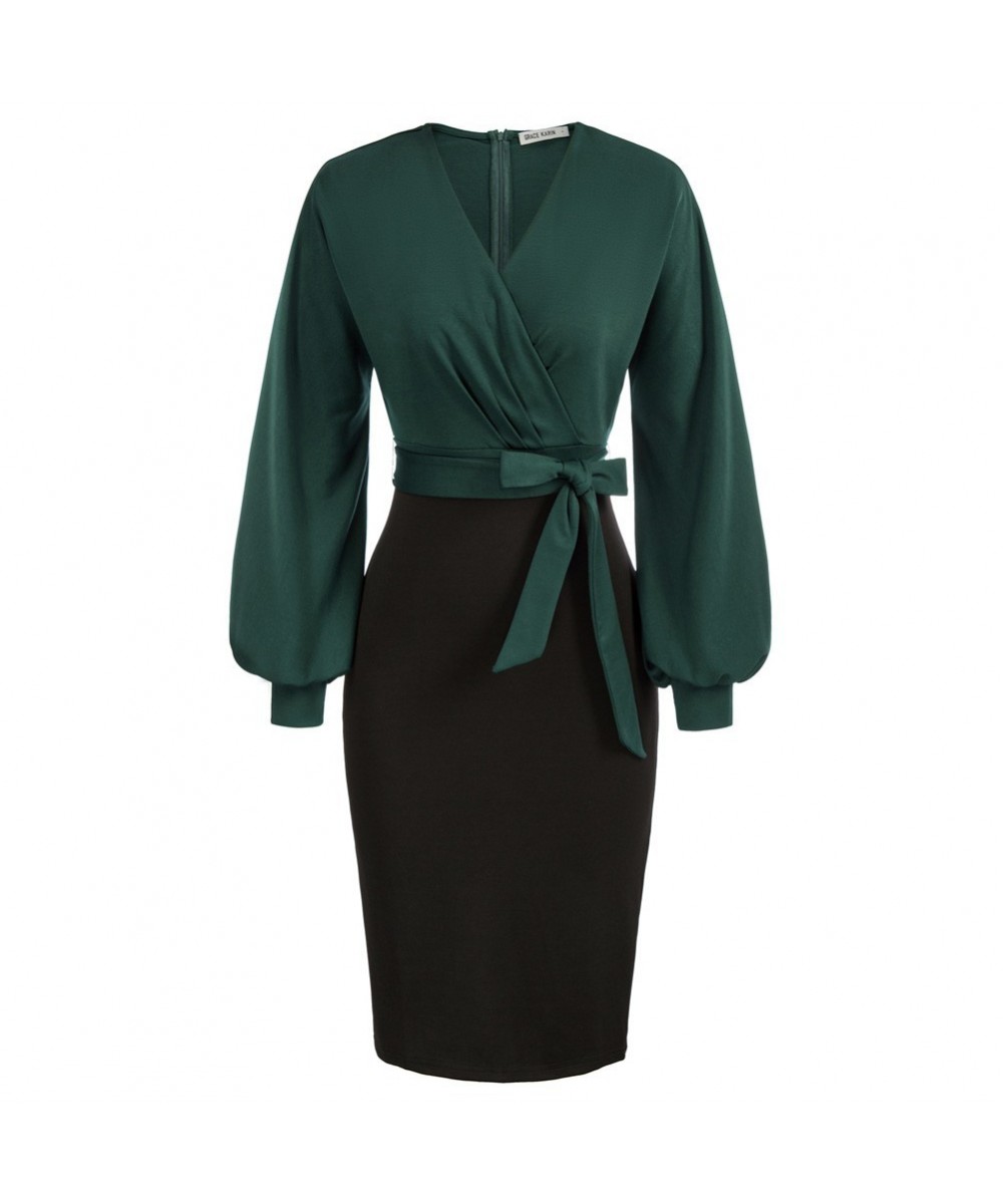 Women Dress Contrast Color Pencil Dress Fashion Elegant Long Sleeve Surplice V-Neck Dress With Belt Office Lady Robe Femme $4...