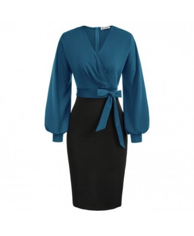 Women Dress Contrast Color Pencil Dress Fashion Elegant Long Sleeve Surplice V-Neck Dress With Belt Office Lady Robe Femme $4...