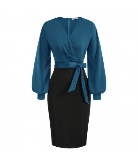 Women Dress Contrast Color Pencil Dress Fashion Elegant Long Sleeve Surplice V-Neck Dress With Belt Office Lady Robe Femme $4...