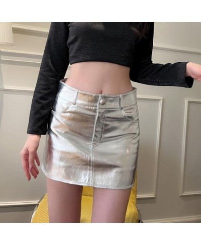 Spring Summer Fashion Shiny Metallic High Waisted Bodycon Skirt Casual All-match Pink Silver Slight Stretch Mini Skirts Y2K $...