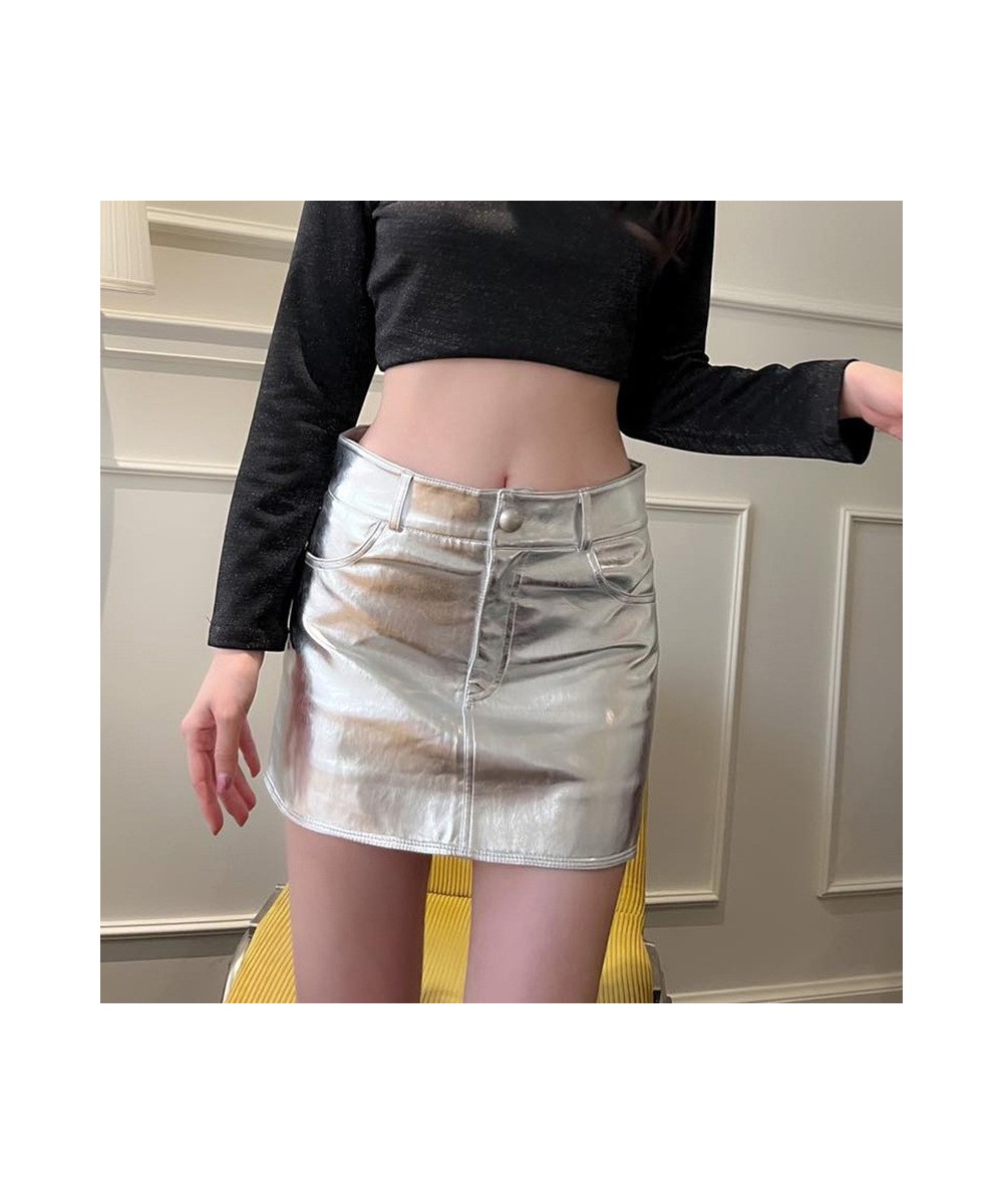 Spring Summer Fashion Shiny Metallic High Waisted Bodycon Skirt Casual All-match Pink Silver Slight Stretch Mini Skirts Y2K $...