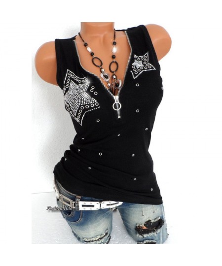 Good Stretch 5 Stars Beading Tee Cotton T-Shirt Women Summer T Shirts Sexy Zipper V Neck Sleeveless Top Black 5XL Vest Y2k $2...