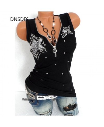 Good Stretch 5 Stars Beading Tee Cotton T-Shirt Women Summer T Shirts Sexy Zipper V Neck Sleeveless Top Black 5XL Vest Y2k $2...