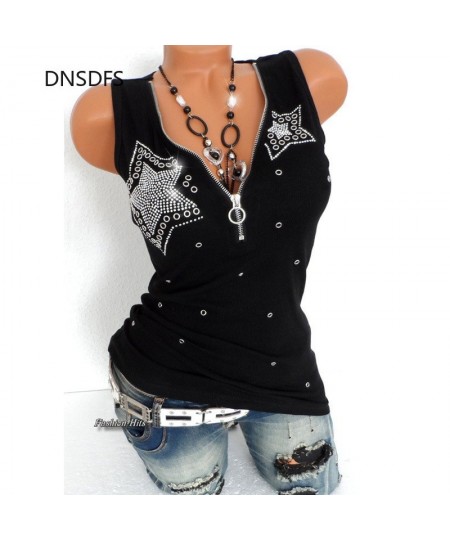 Good Stretch 5 Stars Beading Tee Cotton T-Shirt Women Summer T Shirts Sexy Zipper V Neck Sleeveless Top Black 5XL Vest Y2k $2...