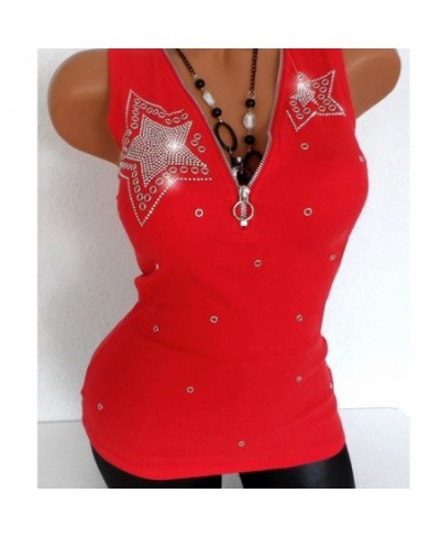 Good Stretch 5 Stars Beading Tee Cotton T-Shirt Women Summer T Shirts Sexy Zipper V Neck Sleeveless Top Black 5XL Vest Y2k $2...