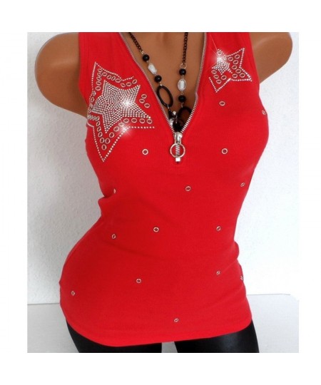 Good Stretch 5 Stars Beading Tee Cotton T-Shirt Women Summer T Shirts Sexy Zipper V Neck Sleeveless Top Black 5XL Vest Y2k $2...