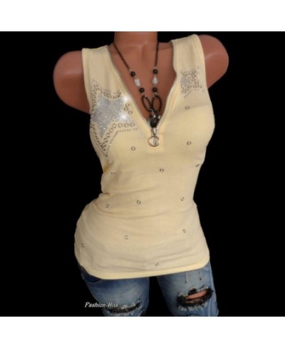 Good Stretch 5 Stars Beading Tee Cotton T-Shirt Women Summer T Shirts Sexy Zipper V Neck Sleeveless Top Black 5XL Vest Y2k $2...