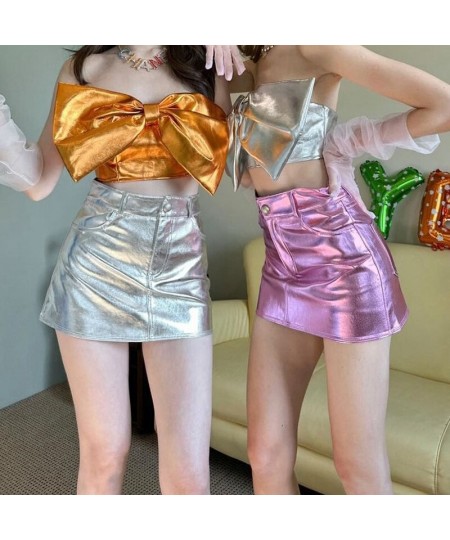 Spring Summer Fashion Shiny Metallic High Waisted Bodycon Skirt Casual All-match Pink Silver Slight Stretch Mini Skirts Y2K $...