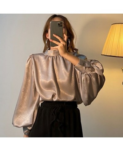 Satin Blouse Long Lantern Sleeve Office Chic Ladies Shirt White Korean Fashion Clothing Black Spring Blouses Women Top Chemis...