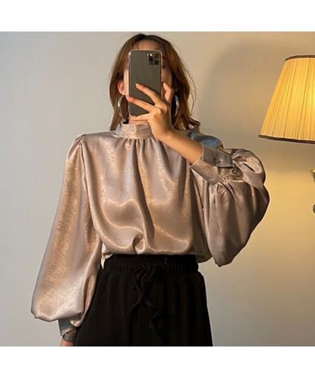 Satin Blouse Long Lantern Sleeve Office Chic Ladies Shirt White Korean Fashion Clothing Black Spring Blouses Women Top Chemis...