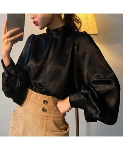 Satin Blouse Long Lantern Sleeve Office Chic Ladies Shirt White Korean Fashion Clothing Black Spring Blouses Women Top Chemis...