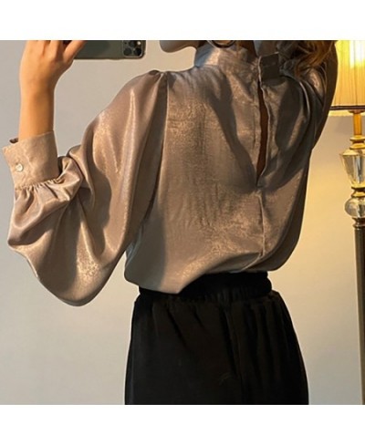 Satin Blouse Long Lantern Sleeve Office Chic Ladies Shirt White Korean Fashion Clothing Black Spring Blouses Women Top Chemis...