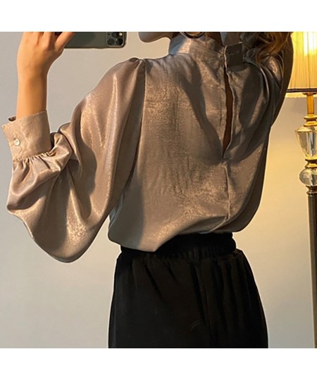 Satin Blouse Long Lantern Sleeve Office Chic Ladies Shirt White Korean Fashion Clothing Black Spring Blouses Women Top Chemis...