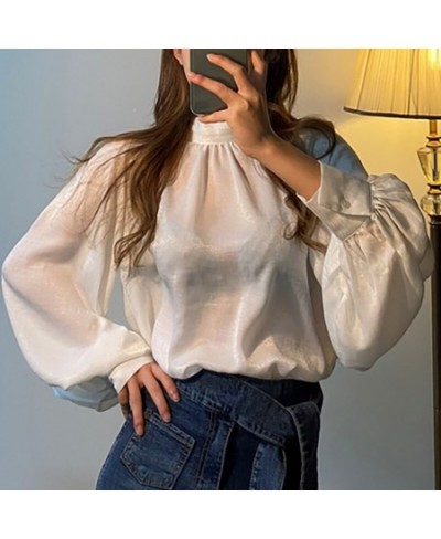 Satin Blouse Long Lantern Sleeve Office Chic Ladies Shirt White Korean Fashion Clothing Black Spring Blouses Women Top Chemis...